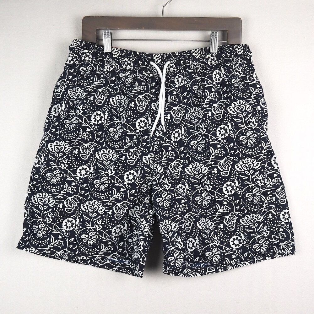 Brooks Brothers Floral Tropical Print Swim Trunks Mens M Blue Lined Drawstring
